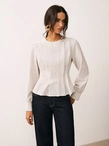 ATUI Studio Fall Elegant Casual Business Basic Halloween Going Out Women's Stripe Round Neck Long Sleeve Pleated Design Casual Smart Casual Elegant Shirt - Black and White - View 4