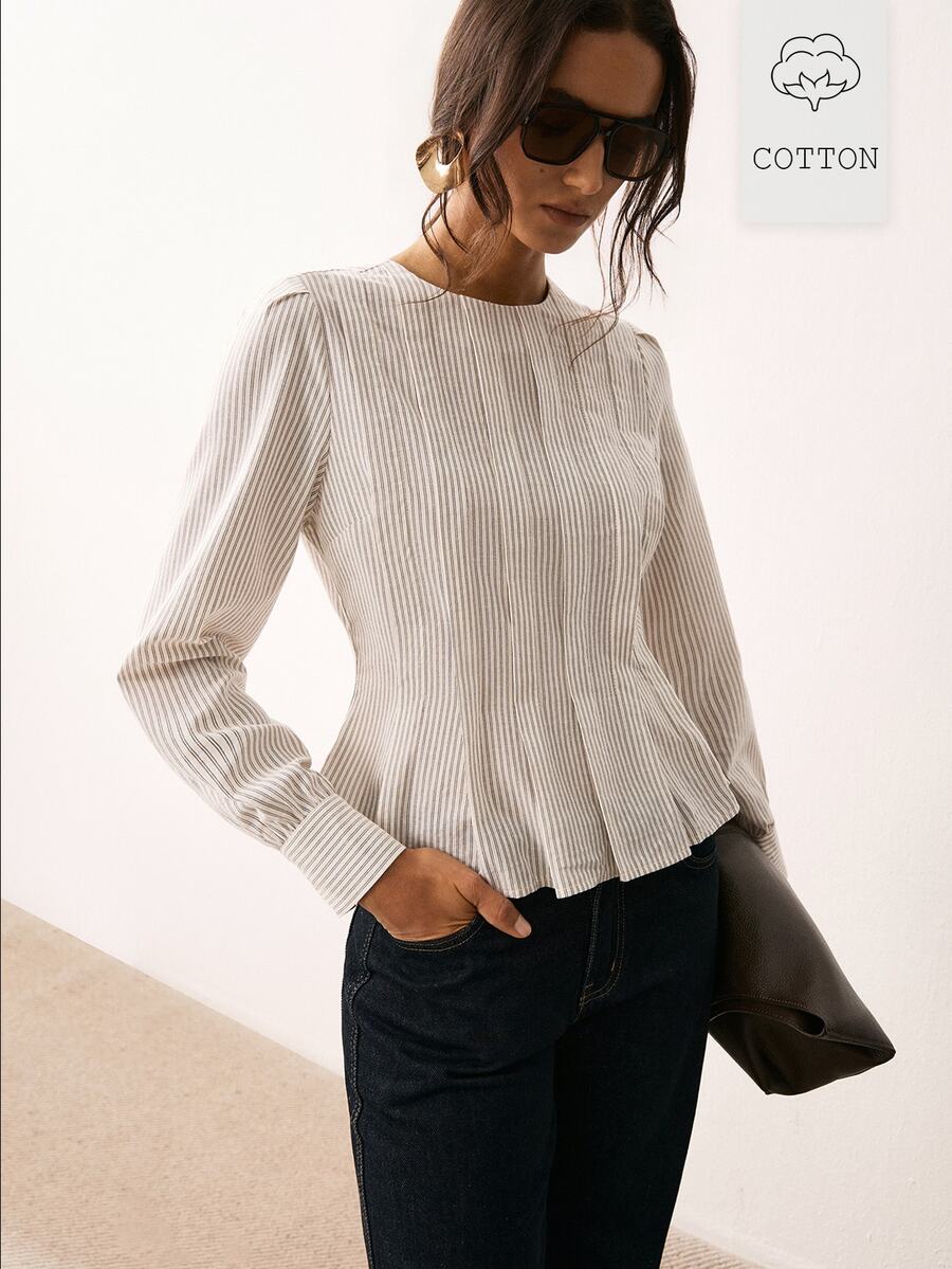 ATUI Studio Fall Elegant Casual Business Basic Halloween Going Out Women's Stripe Round Neck Long Sleeve Pleated Design Casual Smart Casual Elegant Shirt - Black and White - View 1