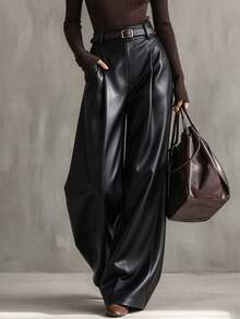 Breezaya New Knitted Elastic Leather High Waist Back Elastic Waist Slanted Pocket Wide Leg Design Versatile Fashion Daily Commute Women's Long Pants - Black - View 4