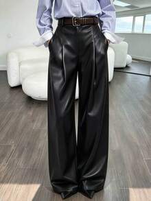 Breezaya New Knitted Elastic Leather High Waist Back Elastic Waist Slanted Pocket Wide Leg Design Versatile Fashion Daily Commute Women's Long Pants - Black - View 3