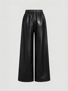 Breezaya New Knitted Elastic Leather High Waist Back Elastic Waist Slanted Pocket Wide Leg Design Versatile Fashion Daily Commute Women's Long Pants - Black - View 2