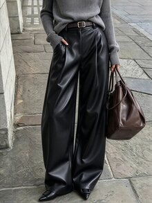 Breezaya New Knitted Elastic Leather High Waist Back Elastic Waist Slanted Pocket Wide Leg Design Versatile Fashion Daily Commute Women's Long Pants - Black - View 1