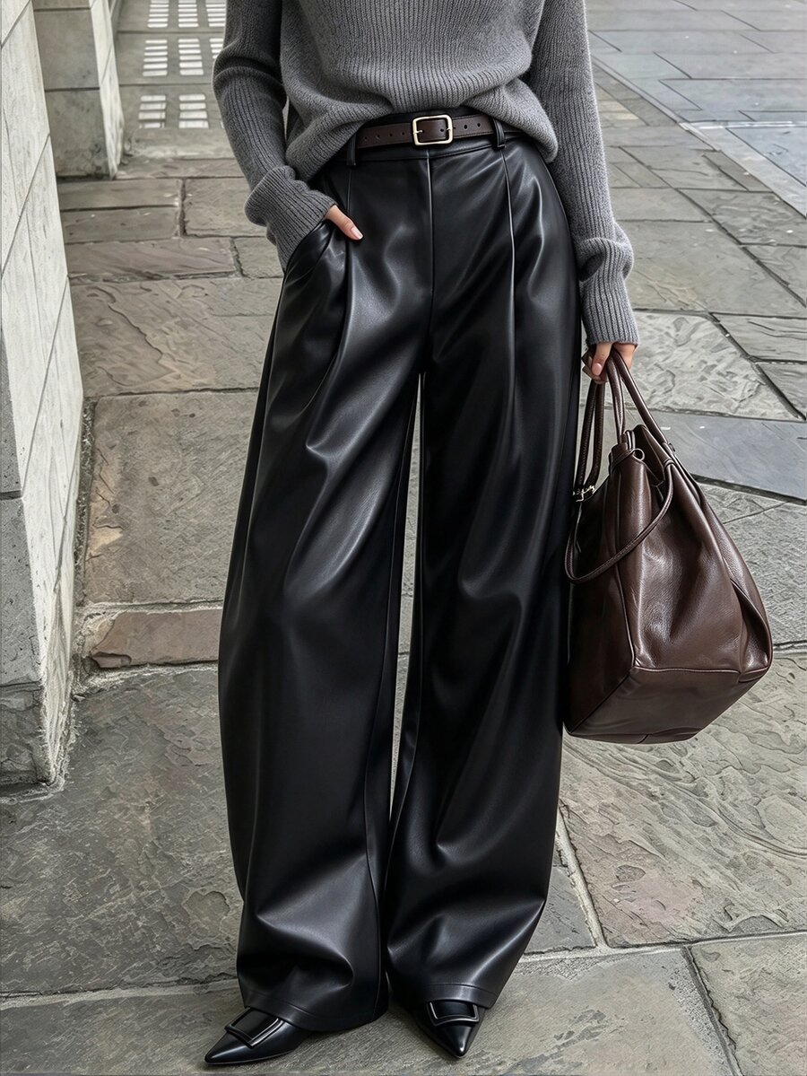 Breezaya New Knitted Elastic Leather High Waist Back Elastic Waist Slanted Pocket Wide Leg Design Versatile Fashion Daily Commute Women's Long Pants - Black - View 1