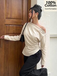 Siren Gaze Women's New Autumn/Winter Pure Cotton Asymmetric Shoulder Blouse - Apricot - View 6