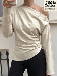 Siren Gaze Women's New Autumn/Winter Pure Cotton Asymmetric Shoulder Blouse - Apricot - View 5