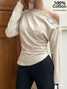 Siren Gaze Women's New Autumn/Winter Pure Cotton Asymmetric Shoulder Blouse - Apricot - View 4
