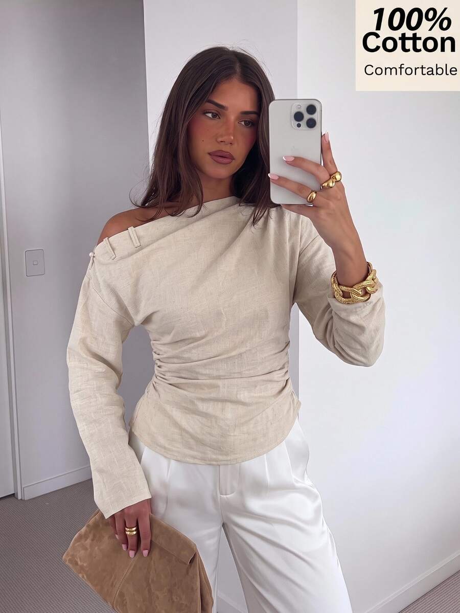 Siren Gaze Women's New Autumn/Winter Pure Cotton Asymmetric Shoulder Blouse - Apricot - View 1