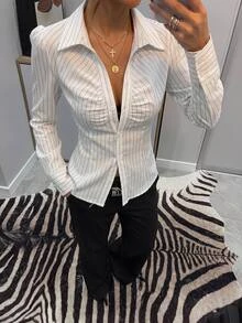 Siren Gaze Women's Fall/ Casual Elegant Office Work Business Commute Colorblock Black And White Striped Print Ruched Chest Fitted Long Sleeve Blouse - White - View 10