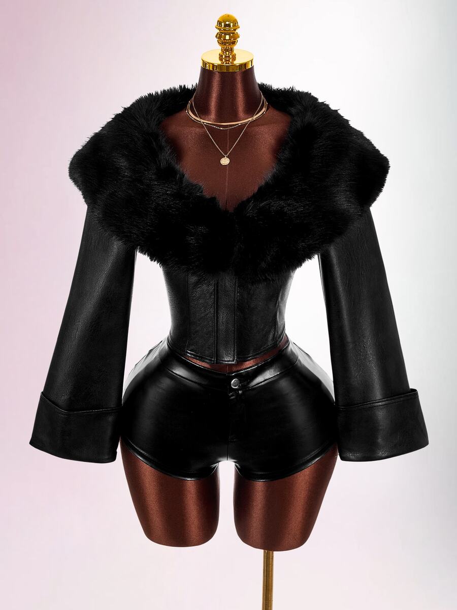 Amplova Women's Y2K PU & Faux Fur Patchwork Jacket With Large Lapel, Fitted Waist, Long Sleeves, Flared Hem And Diagonal Metal Zipper - Black - View 1