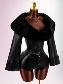 Amplova Women's Y2K PU & Faux Fur Patchwork Jacket With Large Lapel, Fitted Waist, Long Sleeves, Flared Hem And Diagonal Metal Zipper - Black - View 10