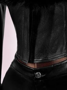 Amplova Women's Y2K PU & Faux Fur Patchwork Jacket With Large Lapel, Fitted Waist, Long Sleeves, Flared Hem And Diagonal Metal Zipper - Black - View 7