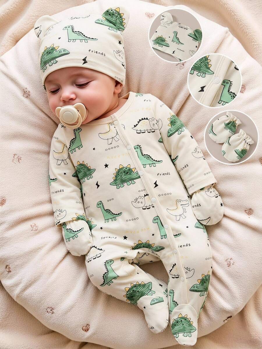 SHEIN 2pcs/Set Newborn Baby Cartoon Bear Print Long Sleeve Romper Hat, Off-White, Fall, Cute Family Matching, Coming Gender Neutral - Beige - View 1