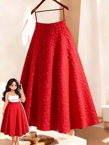 GlowEve CURVE Plus Size Elegant Red New Year Bow Print Woven Jacquard Skirt Christmas - Red - View 8