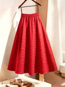 GlowEve CURVE Plus Size Elegant Red New Year Bow Print Woven Jacquard Skirt Christmas - Red - View 2