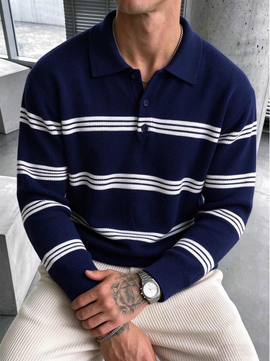 Manfinity Homme Men's Striped Casual Daily Long Sleeve Sweater - Navy Blue - View 1
