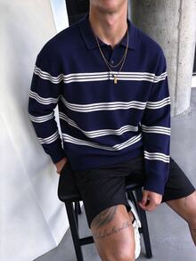Manfinity LEGND 男士條紋休閒日常長袖針織衫 - 藏蓝色 - 查看 6