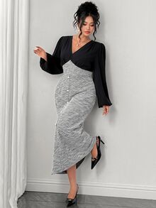 Cravure Plus Size Women's V-Neck Colorblock Casual Party Dress Fall - Black and White - View 7