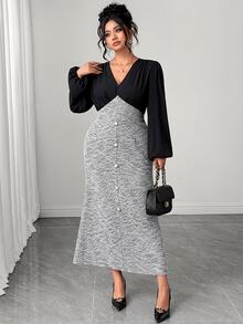 Cravure Plus Size Women's V-Neck Colorblock Casual Party Dress Fall - Black and White - View 4