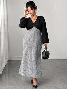 Cravure Plus Size Women's V-Neck Colorblock Casual Party Dress Fall - Black and White - View 5