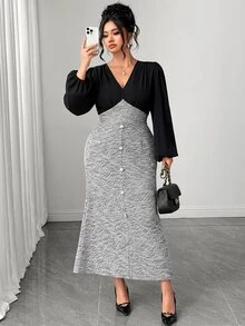 Cravure Plus Size Women's V-Neck Colorblock Casual Party Dress Fall - Black and White - View 8