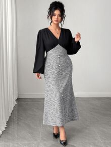 Cravure Plus Size Women's V-Neck Colorblock Casual Party Dress Fall - Black and White - View 6