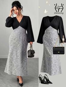 Cravure Plus Size Women's V-Neck Colorblock Casual Party Dress Fall - Black and White - View 1