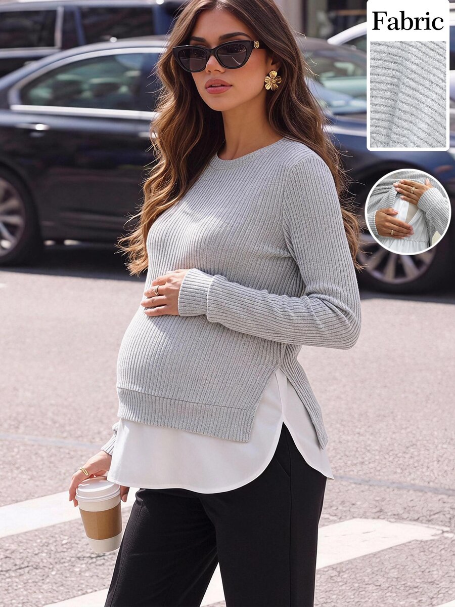MaterniWear 2-In-1 Nursing Top, Knit Round Neck Long Sleeve, Comfortable Minimalist Home Wear Fall - Grey - View 1