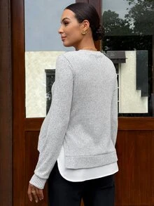 MaterniWear 2-In-1 Nursing Top, Knit Round Neck Long Sleeve, Comfortable Minimalist Home Wear Fall - Grey - View 8