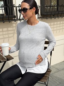 MaterniWear 2-In-1 Nursing Top, Knit Round Neck Long Sleeve, Comfortable Minimalist Home Wear Fall - Grey - View 3