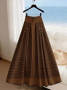 SHEIN Women's Waist Button Design Striped Casual Skirt - Brown - View 4