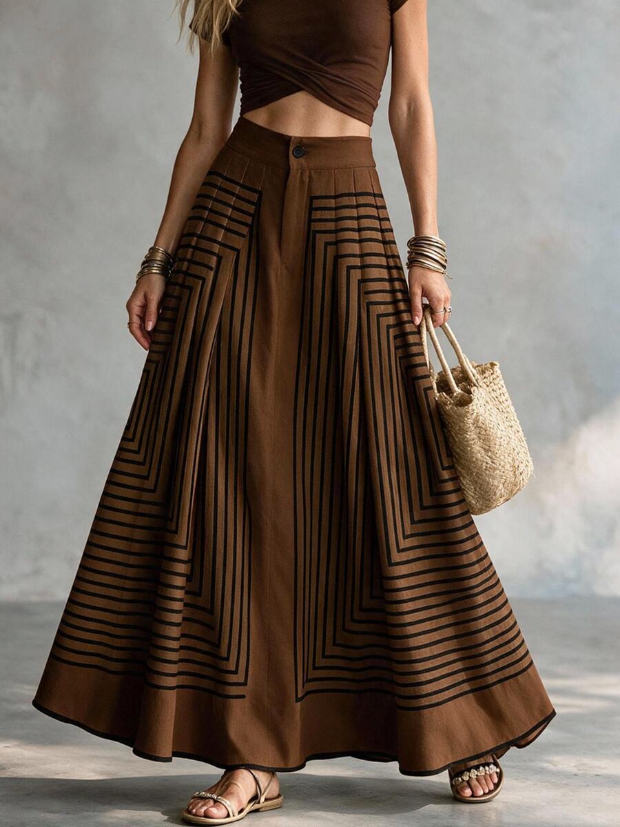 SHEIN Women's Waist Button Design Striped Casual Skirt - Brown - View 1