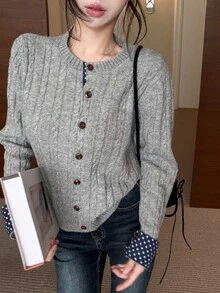 DAZY Women's Autumn/Winter Grey Cable Knit Blue Polka Dot All-Over Print Colorblock Casual Sweet Commuter Preppy Style Cardigan - Grey - View 9