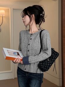 DAZY Women's Autumn/Winter Grey Cable Knit Blue Polka Dot All-Over Print Colorblock Casual Sweet Commuter Preppy Style Cardigan - Grey - View 7