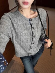 DAZY Women's Autumn/Winter Grey Cable Knit Blue Polka Dot All-Over Print Colorblock Casual Sweet Commuter Preppy Style Cardigan - Grey - View 8