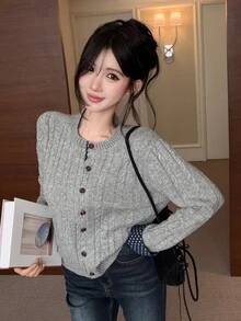 DAZY Women's Autumn/Winter Grey Cable Knit Blue Polka Dot All-Over Print Colorblock Casual Sweet Commuter Preppy Style Cardigan - Grey - View 6