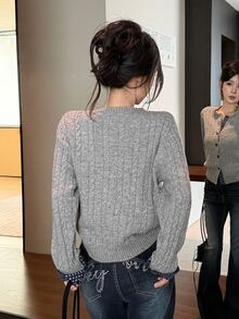 DAZY Women's Autumn/Winter Grey Cable Knit Blue Polka Dot All-Over Print Colorblock Casual Sweet Commuter Preppy Style Cardigan - Grey - View 5