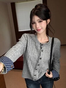 DAZY Women's Autumn/Winter Grey Cable Knit Blue Polka Dot All-Over Print Colorblock Casual Sweet Commuter Preppy Style Cardigan - Grey - View 2