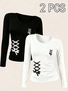 SHEIN Sweetra Young Teen Girls Fall Waist Strap Graphic Fitted Long Sleeve T-Shirt 2 Pcs, Casual Streetwear Autumn Fall Tops Graduation Holiday Black White - Multicolor - View 1