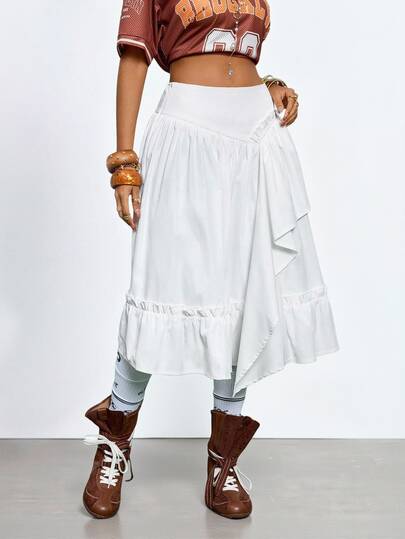 Gowayae Gowayae Women's Fashion Korean Style Solid White Casual Elegant Sexy Sweet Design Ruffle Asymmetric Pleated High Waist Skirt Autumn Streetwear Y2K Brunch
