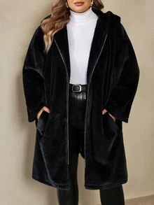 SHEIN CURVE+ جاكيت نسائي أسود من فرو الأرنب الصناعي بأكمام متدلية، معطف مبطن بغطاء رأس للخريف/الشتاء، مناسب للمقاسات الكبيرة 5XL-8XL - الأسود - مشاهدة 3