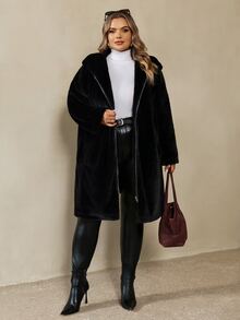 SHEIN CURVE+ جاكيت نسائي أسود من فرو الأرنب الصناعي بأكمام متدلية، معطف مبطن بغطاء رأس للخريف/الشتاء، مناسب للمقاسات الكبيرة 5XL-8XL - الأسود - مشاهدة 5