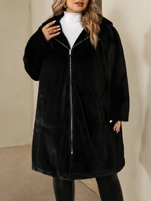 SHEIN CURVE+ جاكيت نسائي أسود من فرو الأرنب الصناعي بأكمام متدلية، معطف مبطن بغطاء رأس للخريف/الشتاء، مناسب للمقاسات الكبيرة 5XL-8XL - الأسود - مشاهدة 6
