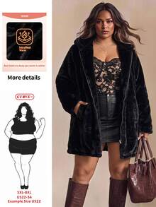 SHEIN CURVE+ جاكيت نسائي أسود من فرو الأرنب الصناعي بأكمام متدلية، معطف مبطن بغطاء رأس للخريف/الشتاء، مناسب للمقاسات الكبيرة 5XL-8XL - الأسود - مشاهدة 1