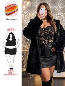 SHEIN CURVE+ جاكيت نسائي أسود من فرو الأرنب الصناعي بأكمام متدلية، معطف مبطن بغطاء رأس للخريف/الشتاء، مناسب للمقاسات الكبيرة 5XL-8XL - الأسود - مشاهدة 7