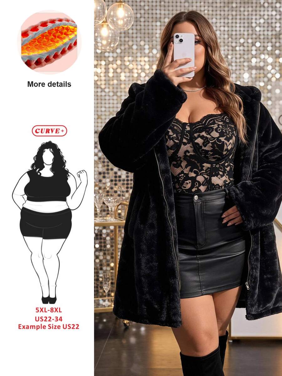 SHEIN CURVE+ Plus Size Black Faux Rabbit Fur Drop Shoulder Sleeve Women's Jacket, Autumn/Winter Plush Hooded Coat, Suitable For Plus Size 5XL-8XL - Black - View 1