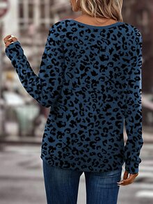 SHEIN Casual V-Neck Long Sleeve Blue Base Black Leopard Print T-Shirt, Autumn/Winter - Multicolor - View 2