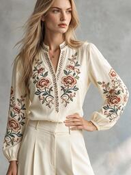 SHEIN Blusa de mujer con cuello en V, manga larga y estampado floral, elegante, versátil, casual, para ir al trabajo, negocios y vacaciones