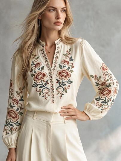 SHEIN Women's V-Neck Long Sleeve Floral Print Blouse, Elegant Versatile Casual Commuter Business Vacation Style Top