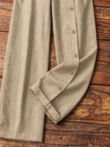SHEIN Rice Apricot High-Waisted Wide-Leg Pants, Selected Textured Fabric, Lightweight And Breathable. Unique Side Button Design Breaks Monotony, Sleek Lines Shape The Legs, Strong Drape, Hides Flesh And Slimming Effect. Simple And Versatile Style, Suitable For Pairing With T-Shirts Or Shirts, Easily Wear A Slouchy Vibe For Daily Commute Or Casual Outings. - Apricot - View 5