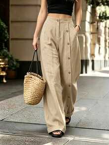 SHEIN Rice Apricot High-Waisted Wide-Leg Pants, Selected Textured Fabric, Lightweight And Breathable. Unique Side Button Design Breaks Monotony, Sleek Lines Shape The Legs, Strong Drape, Hides Flesh And Slimming Effect. Simple And Versatile Style, Suitable For Pairing With T-Shirts Or Shirts, Easily Wear A Slouchy Vibe For Daily Commute Or Casual Outings. - Apricot - View 3
